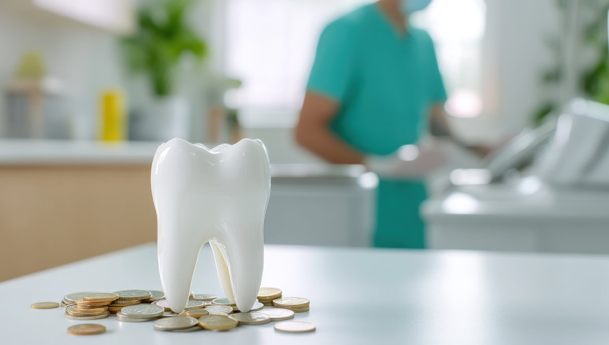 Glossy white tooth model surrounded by scattered coins on a sterile white counter, background reveals a softly blurred dentist preparing tools at a tray, cool fluorescent lighting gives a medical tone, environment is sleek, modern, with chrome accents and pristine surfaces, image captures the intersection of dental care and its financial burden, atmosphere is calm yet contemplative, suggesting the weight of treatment costs, editorial-style studio photography, captured with a 100mm macro lens to create clean object separation and polished commercial look --chaos 10 --ar 53:30 --raw --profile kwllwrr --stylize 250 --v 6.1 Job ID: 4517ea4f-8028-48b8-986f-b66c1fd9a850