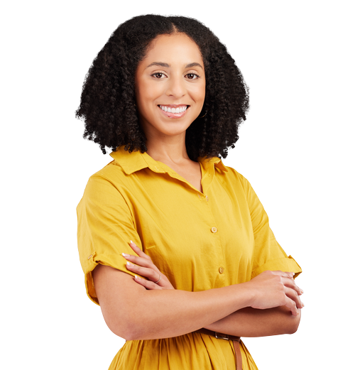 Smile, arms crossed and portrait of business woman on png for creative, designer and professional. Happy, empowerment and pride with female employee isolated on transparent background for startup