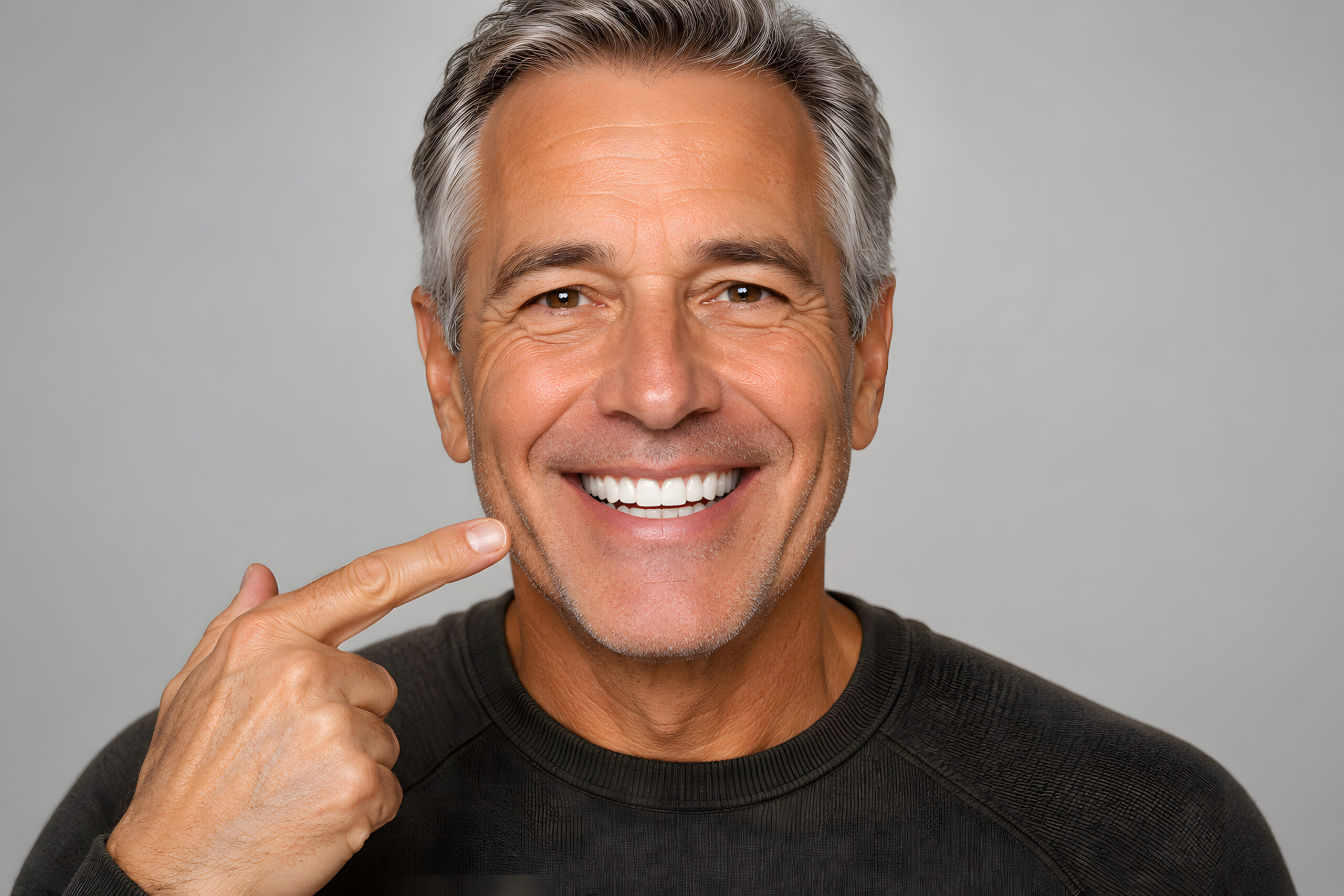 Smiling mature man pointing at white teeth after cosmetic dentistry treatment