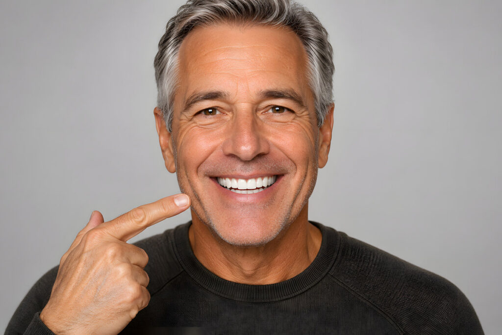 Smiling Mature Man Pointing at White Teeth After Cosmetic Dentistry Treatment