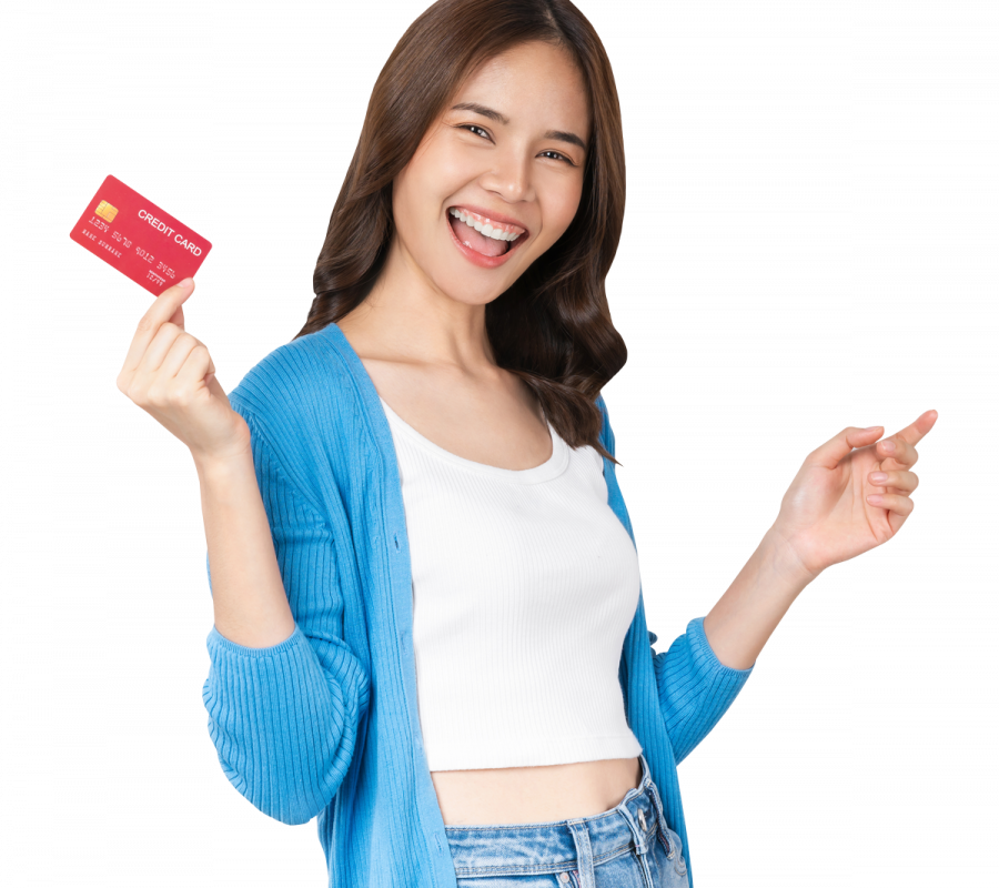 Cheerful beautiful Asian woman holding mockup credit card on png background.